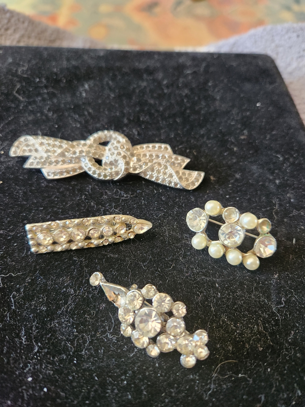 4-Vintage Silver-Tone Rhinestone & Pearl Brooches